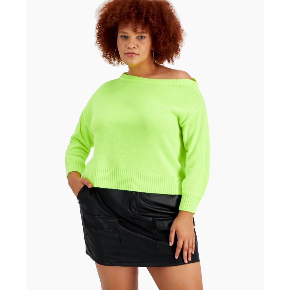 Bar III Neon Lime Off-Shoulder Pullover Sweater